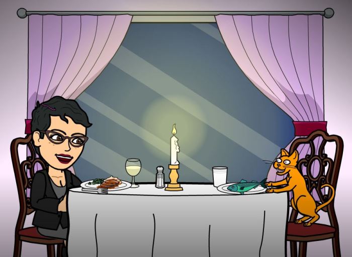 Gia and her cat enjoy a dinner for two.