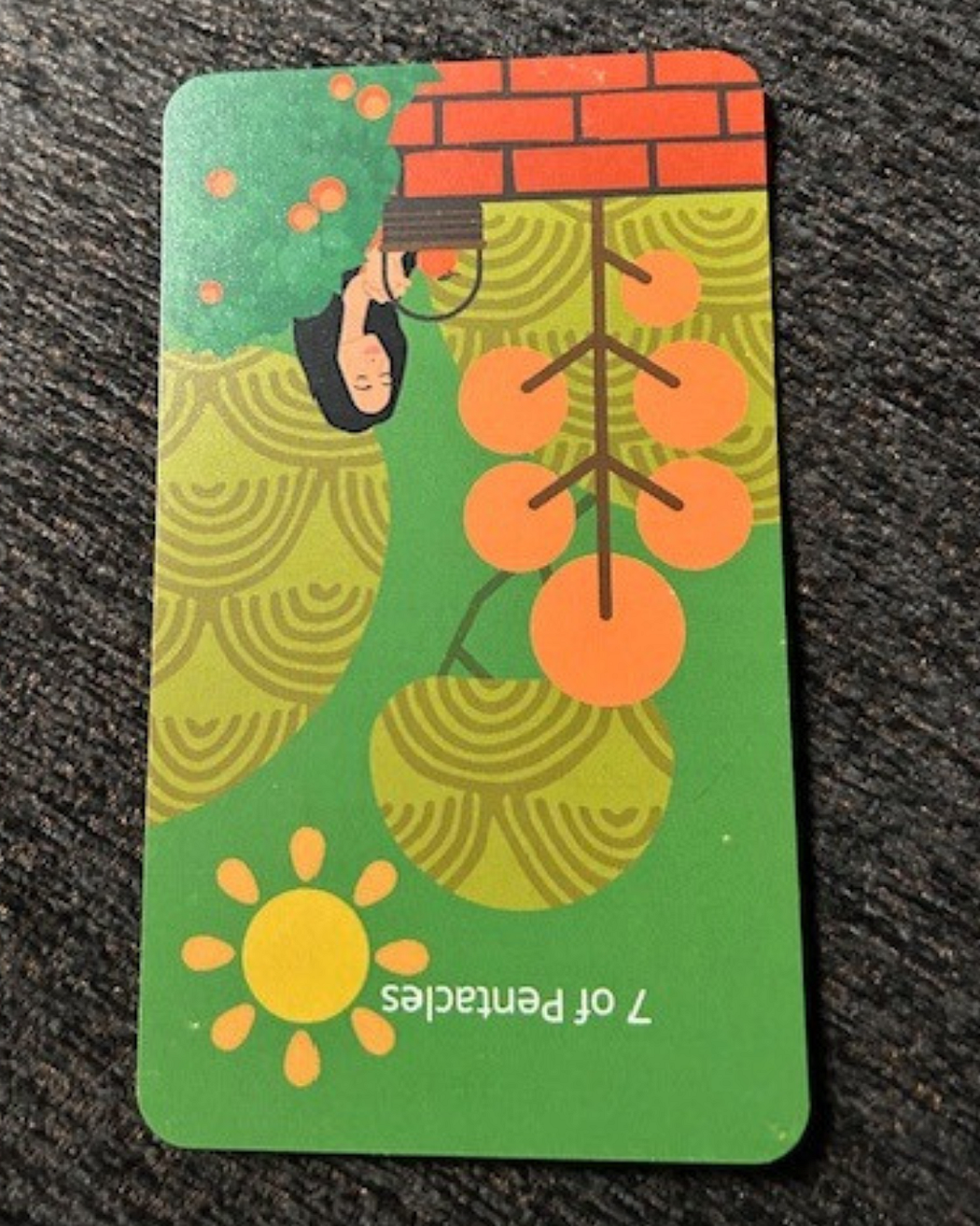 7 of Pentacles from The Not So Mystical Tarot Deck reversed.